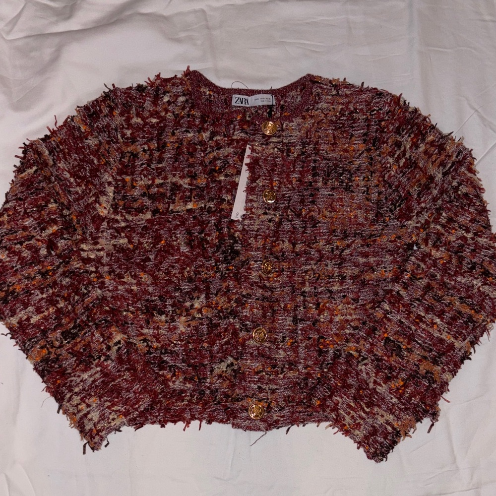 Zara Women's Red and Brown Textured Cardigan